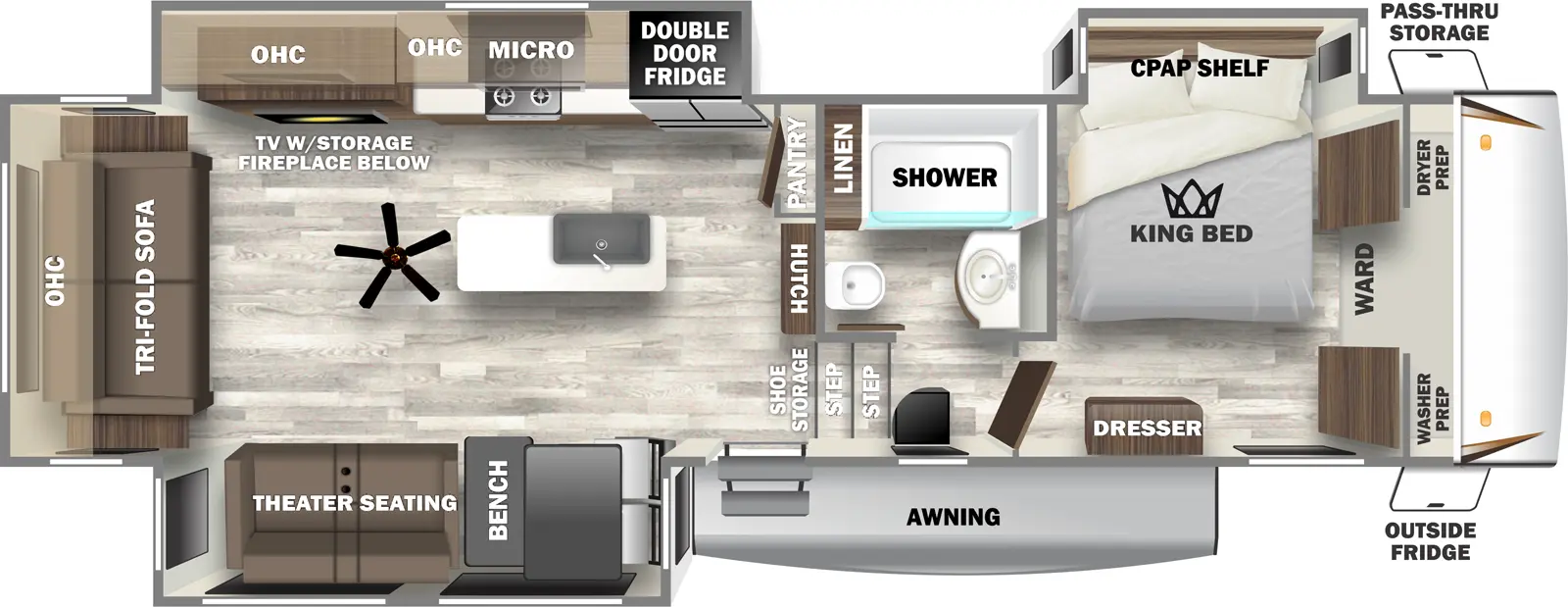 The 32GKS has three slideouts and one entry. Exterior features pass-thru storage, outside refrigerator, and an awning. Interior layout front to back: front wardrobe with washer prep and dryer prep, off-door side king bed slideout with CPAP shelf, and door side dresser; off-door side full bathroom with linen closet; two steps down to main living area with shoe storage, entry door, and hutch and pantry along inner wall; off-door side slideout with refrigerator, microwave, kitchen counter with cooktop, overhead cabinet, and TV with storage and fireplace below; kitchen island with sink, and paddle fan; door side slideout with dinette with two chairs and bench seating, and theater seating; rear tri-fold sofa with overhead cabinet.